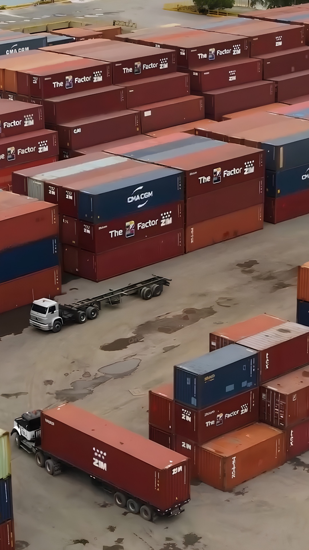 Patio de contenedores apilados de distintas navieras junto a un camión chuto